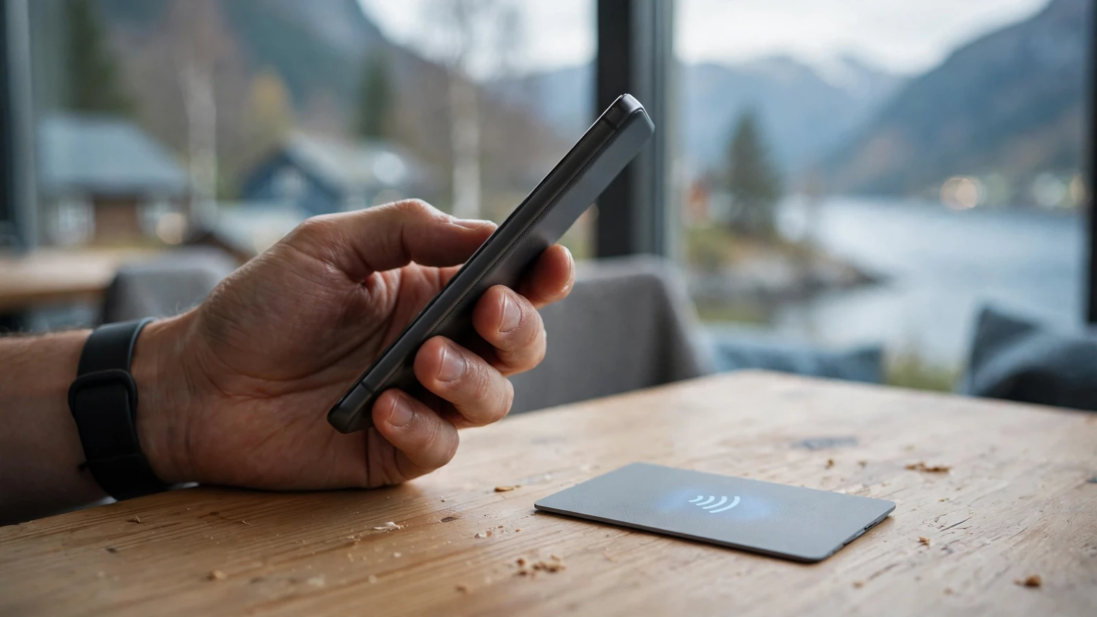 Hånd som holder telefon med kontaktløs MuchBetter-betaling ved et norsk kafébord