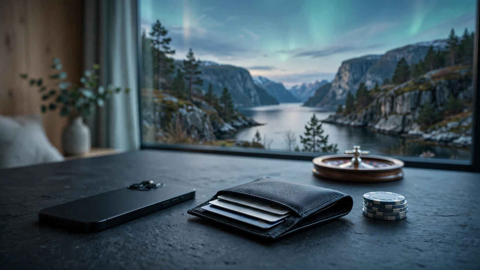 E-lommebok og casinoopplevelse med norsk fjordlandskap gjennom vinduet