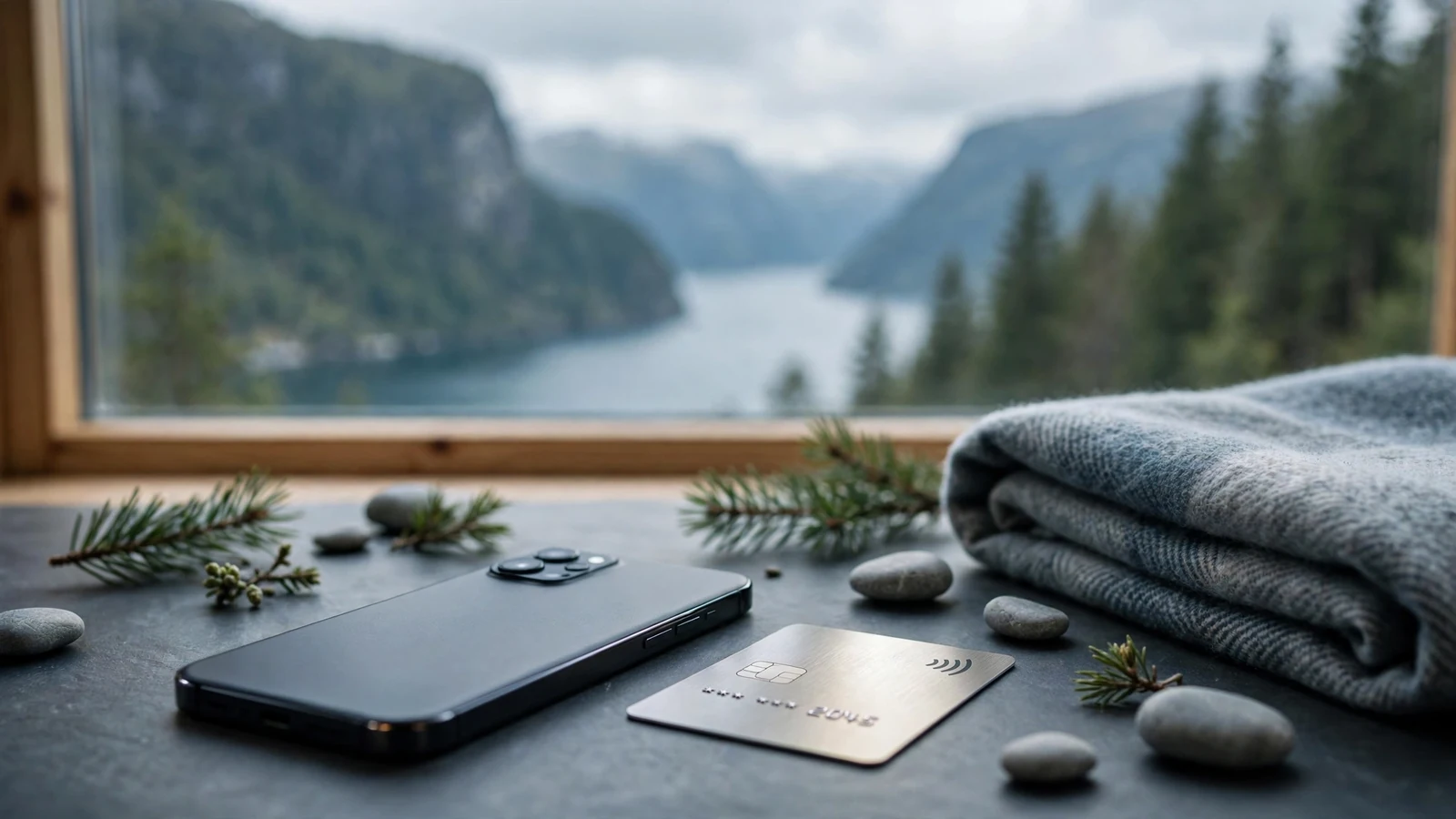 Smarttelefon og betalingskort på en mørk bordplate med norsk fjord i bakgrunnen