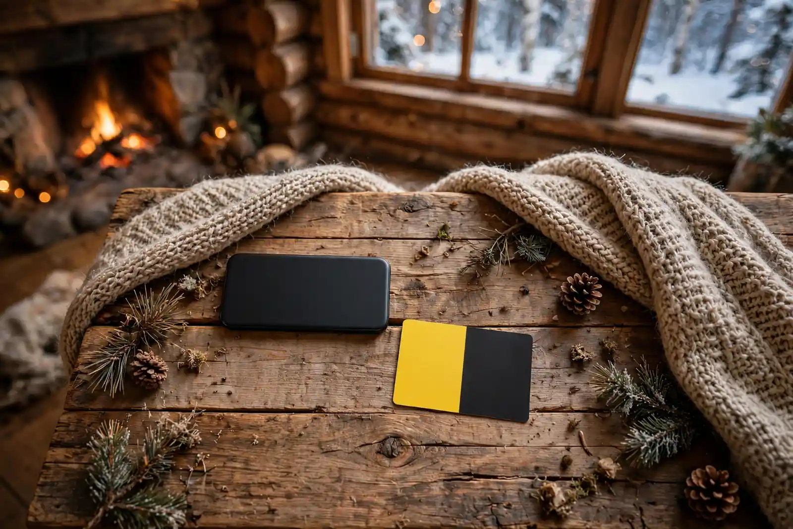 Smarttelefon og Paysafecard-kupong i en koselig norsk hytte ved peisen