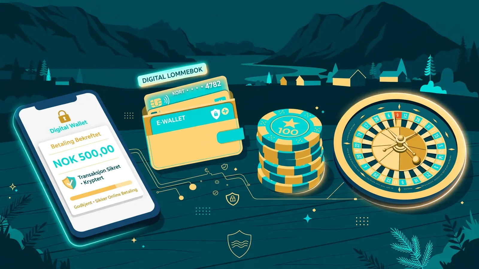 Illustrasjon av digital lommebok og casinospill på en mørk bakgrunn