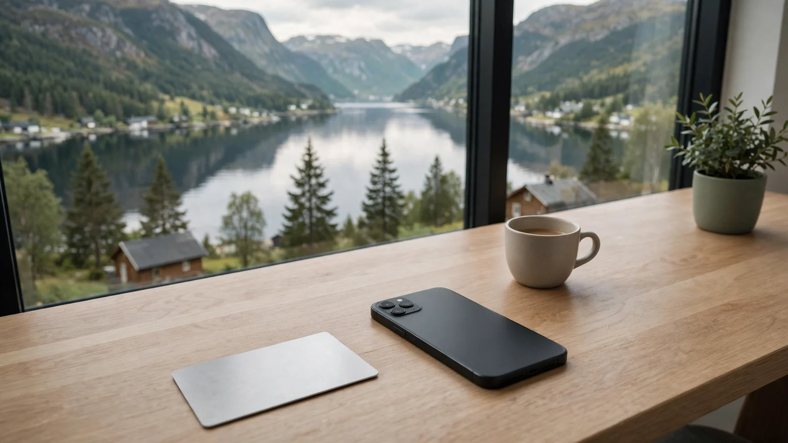 Betalingskort og telefon på nordisk skrivebord med utsikt over norsk fjord