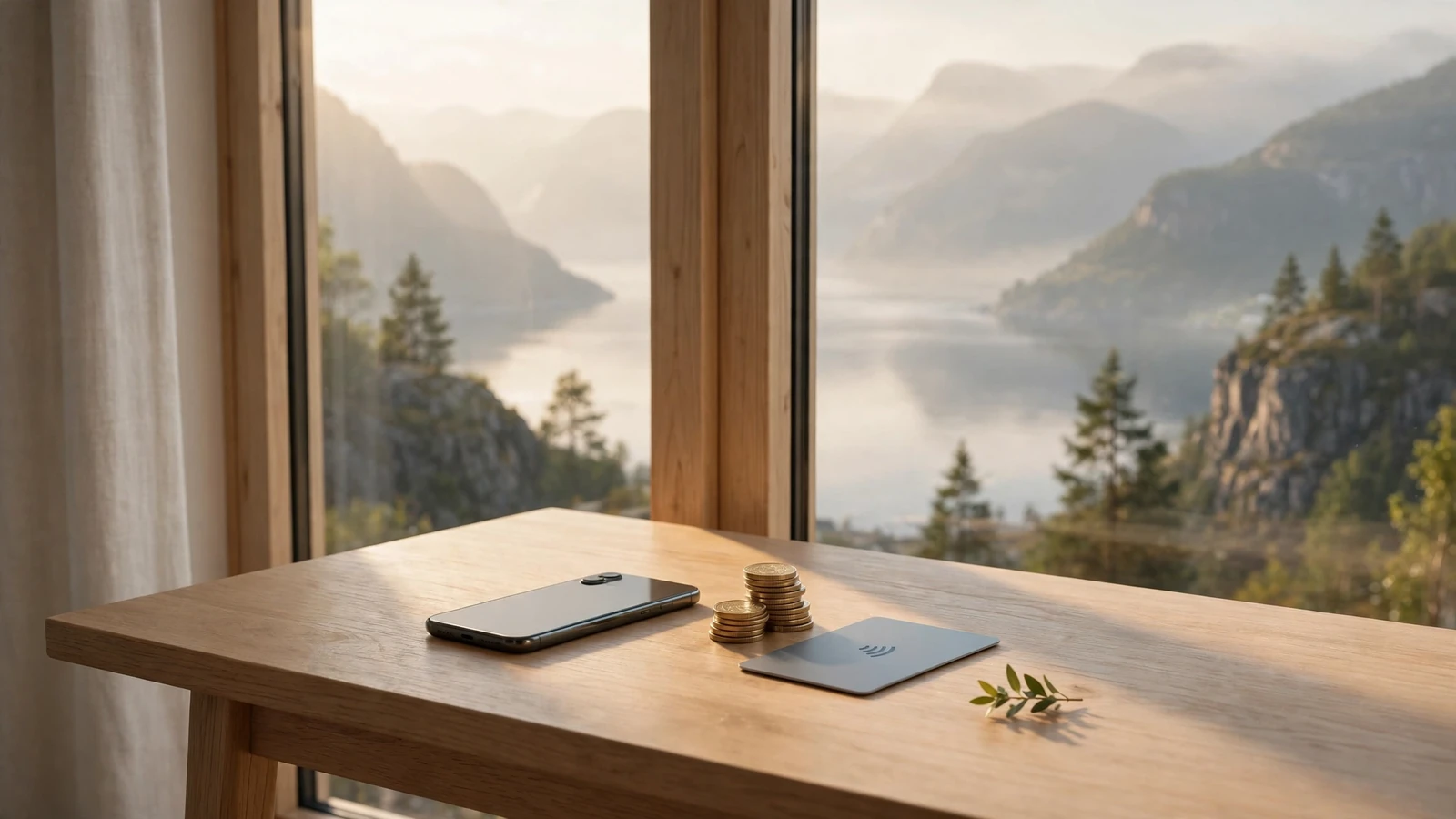 Minimalistisk norsk trebord ved fjordutsikt med mobil og bankkort