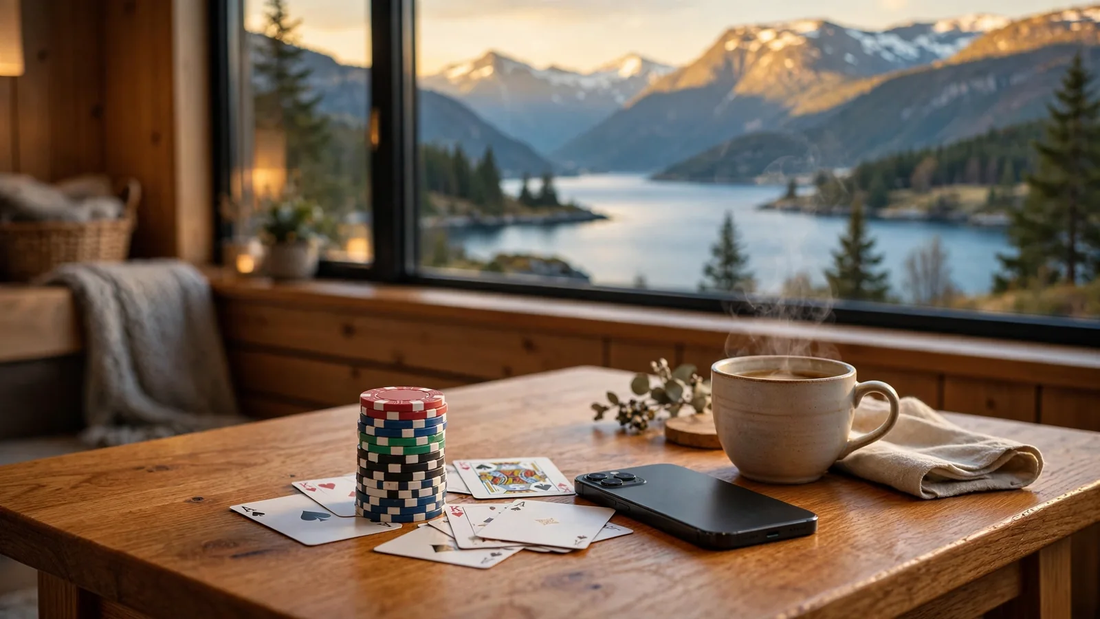 Stille norsk interiør med casinobrikker, kort og fjordutsikt