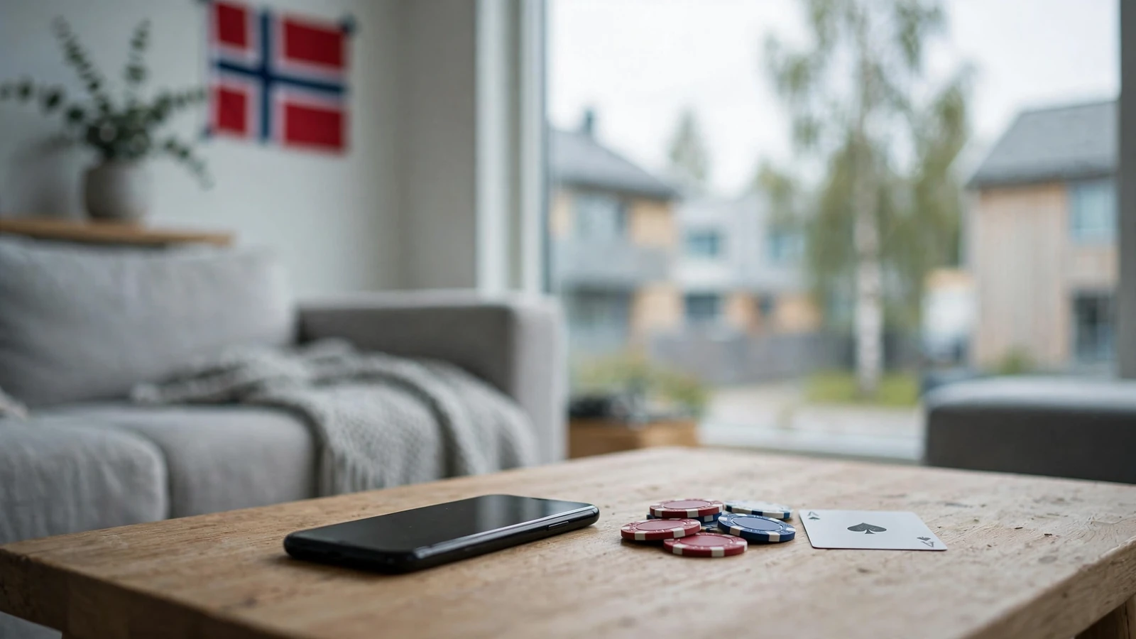 Smartphone vendt ned på bordet med pokerjetonger og norsk flagg i bakgrunnen