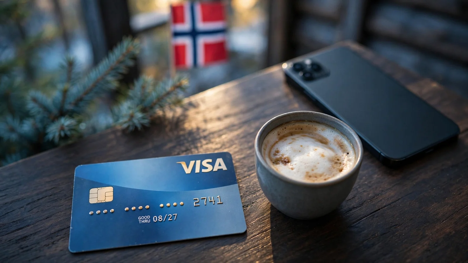 Visa-kort på bord ved siden av telefon og kaffe, norsk kontekst