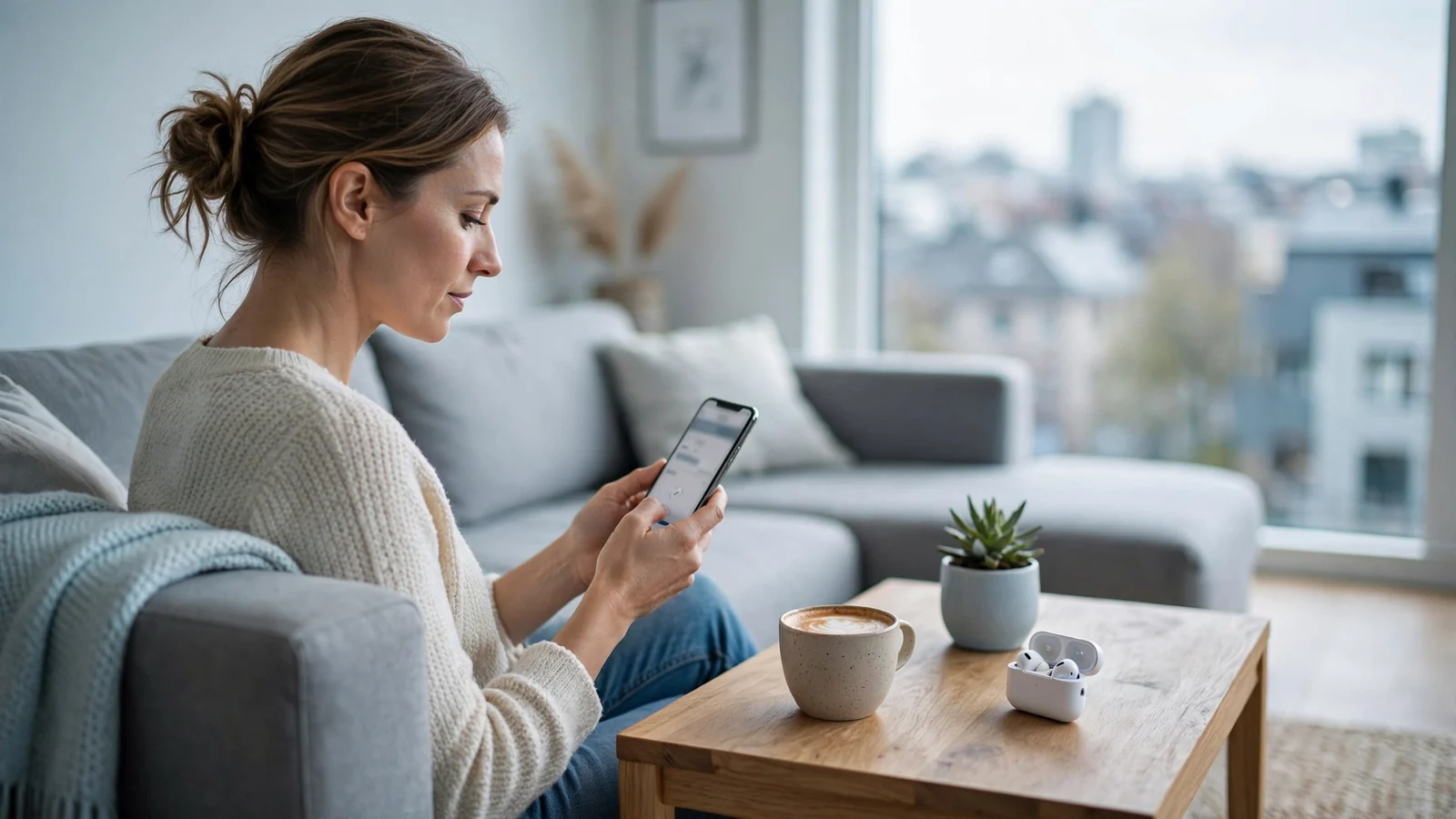 Person som betaler med mobilen i en moderne norsk stue
