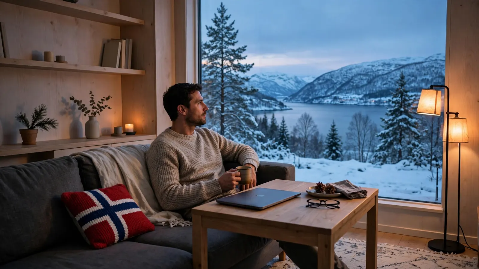 Mann i norsk stue med kaffekopp og laptop ved siden av