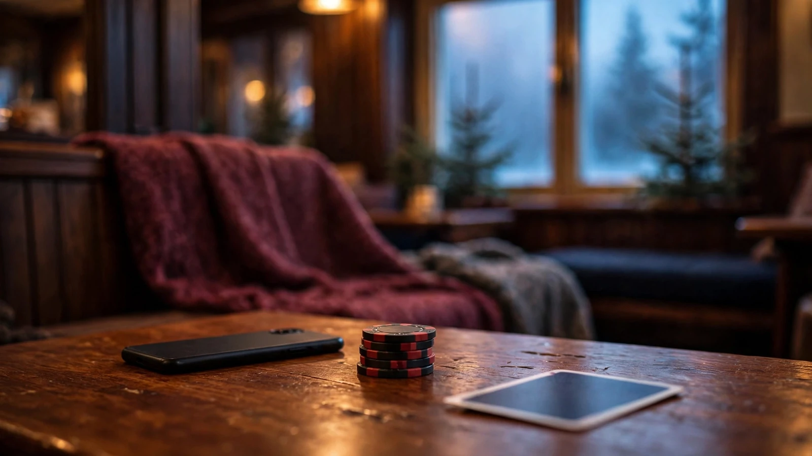 Norsk lounge med casinobrikker og kort på bordet