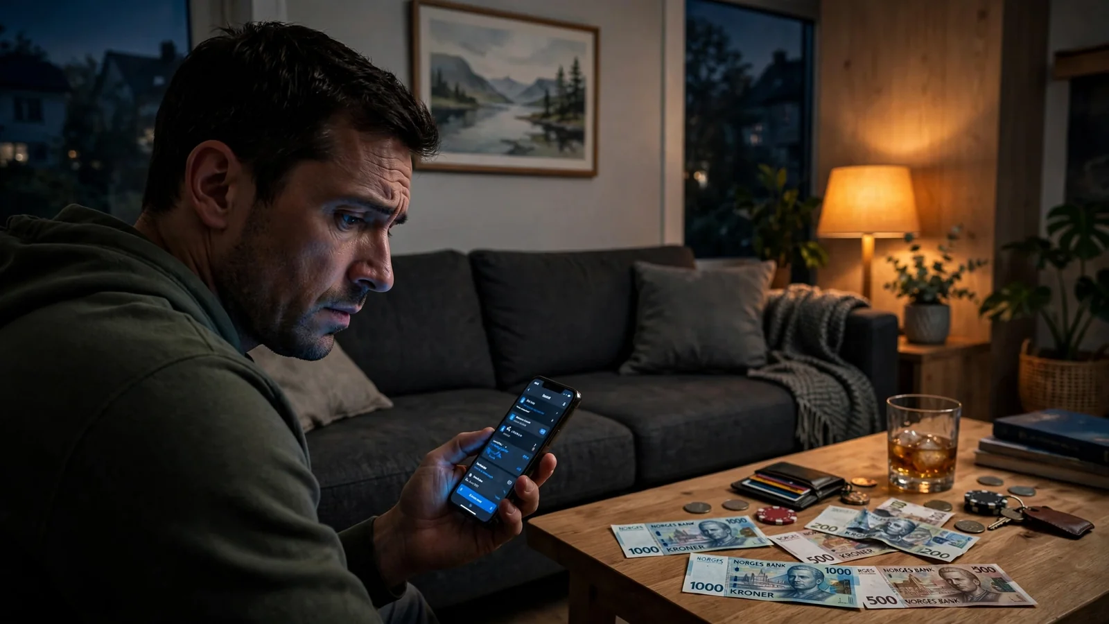 Mann på sofa med telefon og norske kroner, tenksomt uttrykk