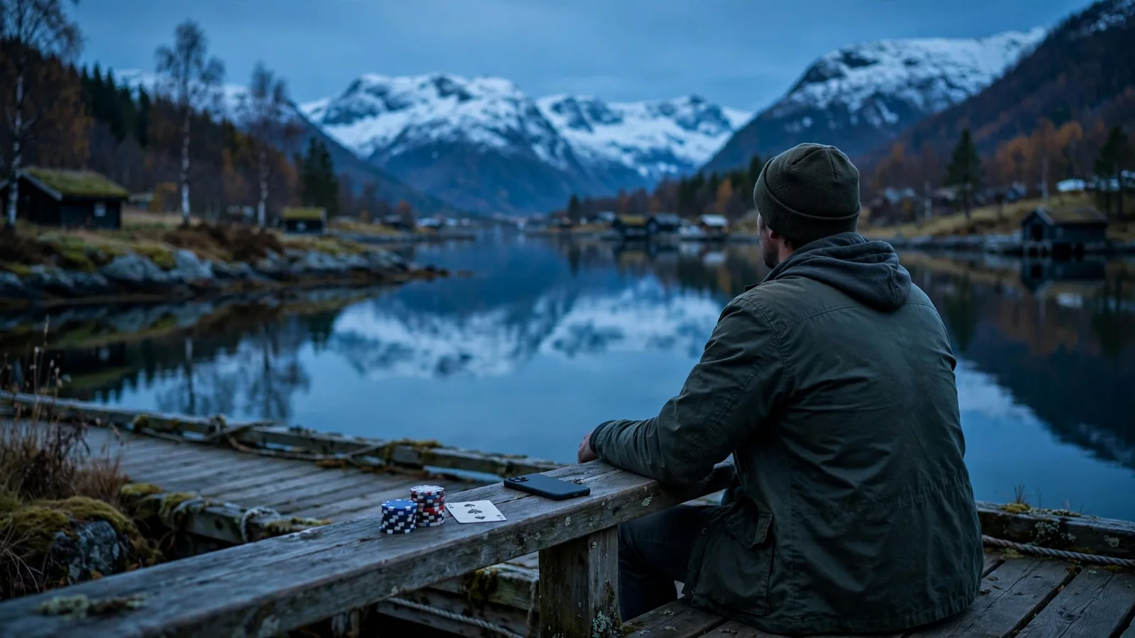 Person ved en norsk fjord med casinojetonger og telefon i skumringen