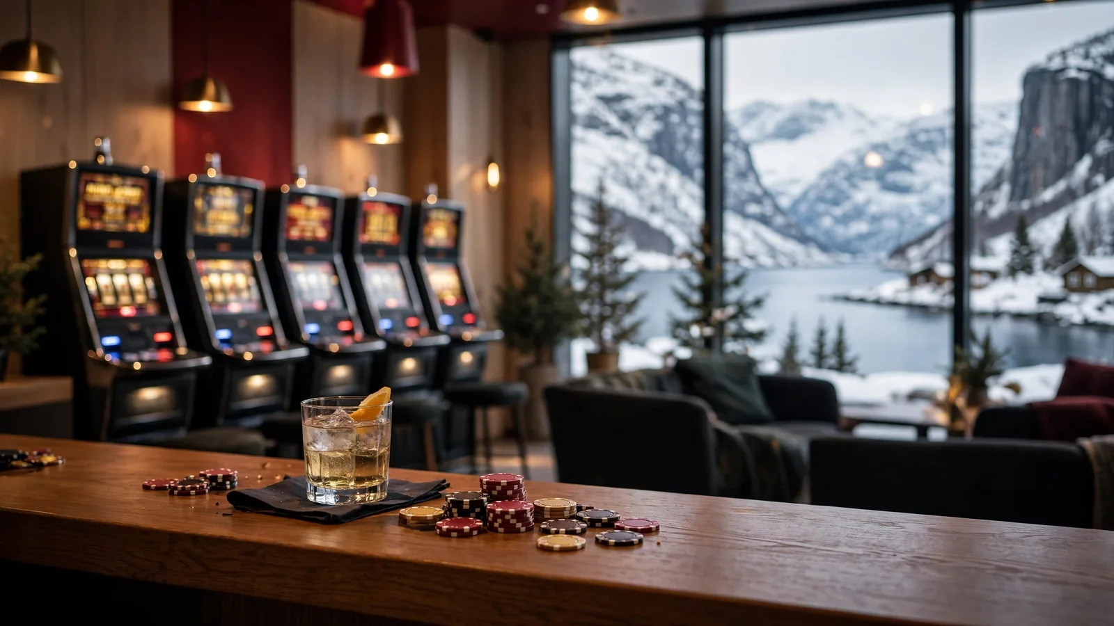 Moderne norsk casinogulv med spilleautomater og utsikt over fjord