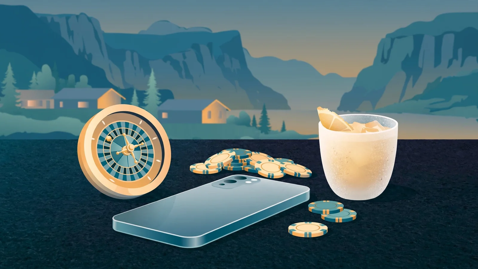 Moderne illustrasjon av en smarttelefon med casinobrikker og rulett på et nordisk nattbord