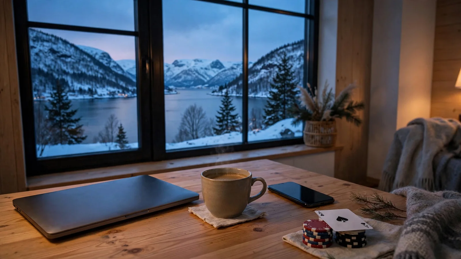Stille stue med lukket bærbar pc, jetonger og kort ved siden av et vindu med norsk fjord