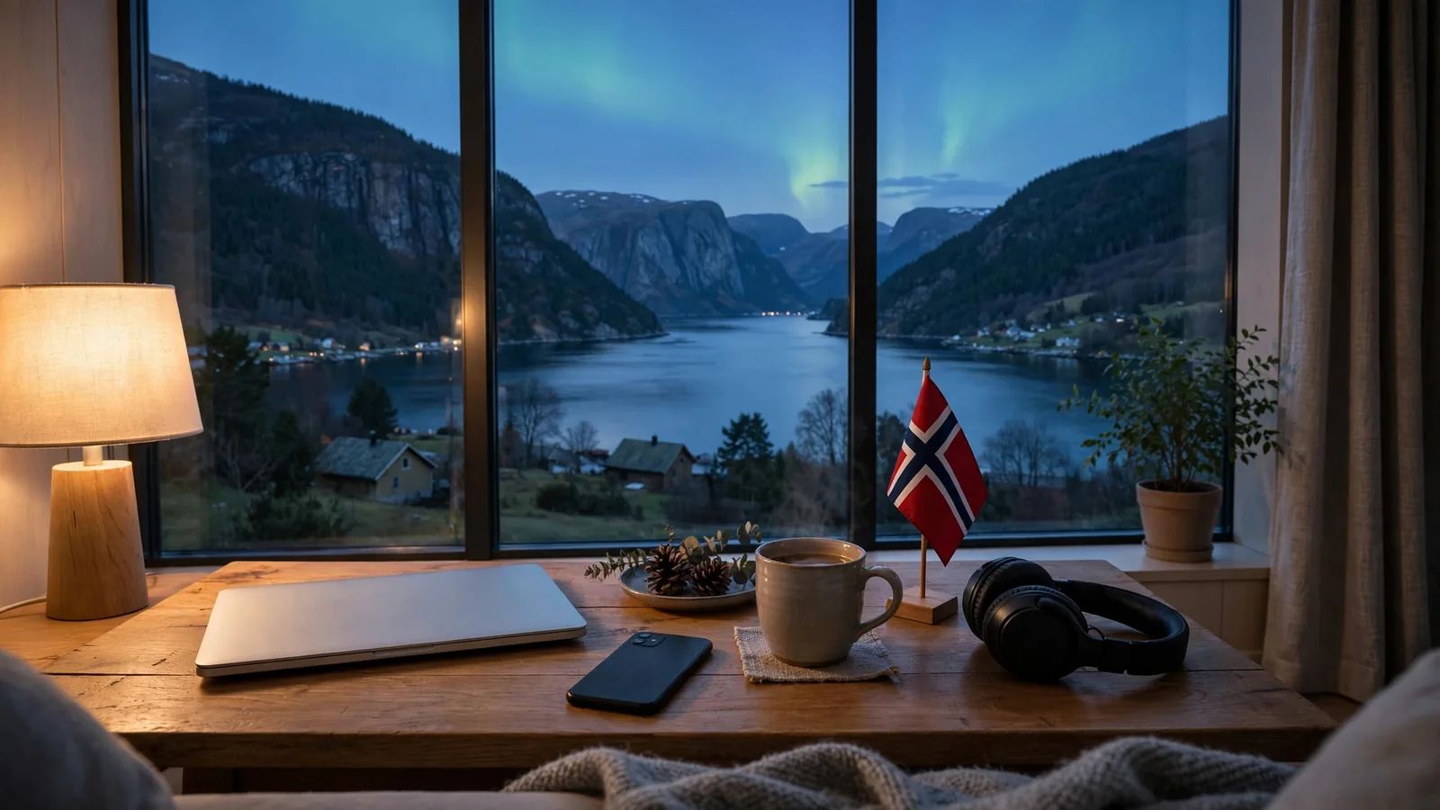 Stille norsk stue med lukket laptop og telefon vendt ned ved skumring