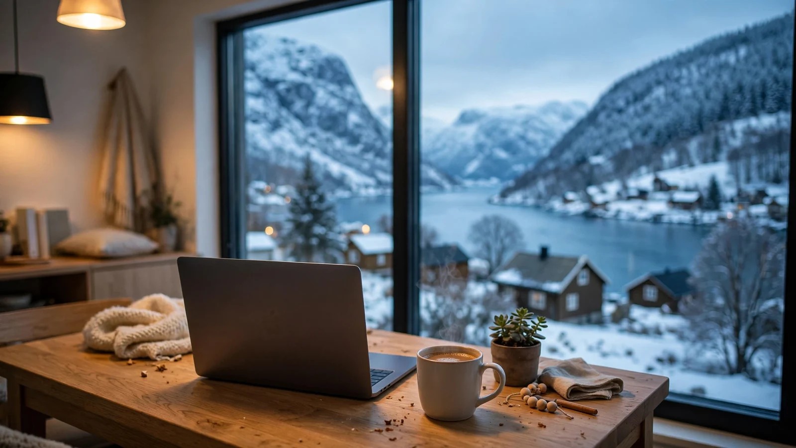 Moderne norsk hjem med bærbar PC og utsikt over fjord