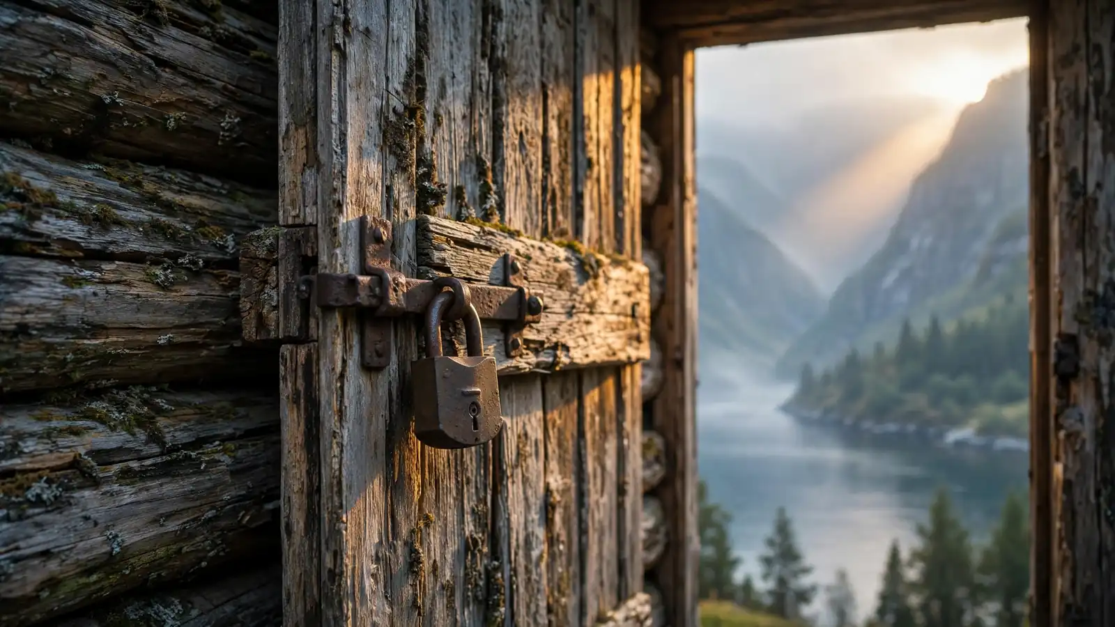 Tradisjonell norsk tredør med jernlås, tåkelagt fjord og fjell i bakgrunnen.