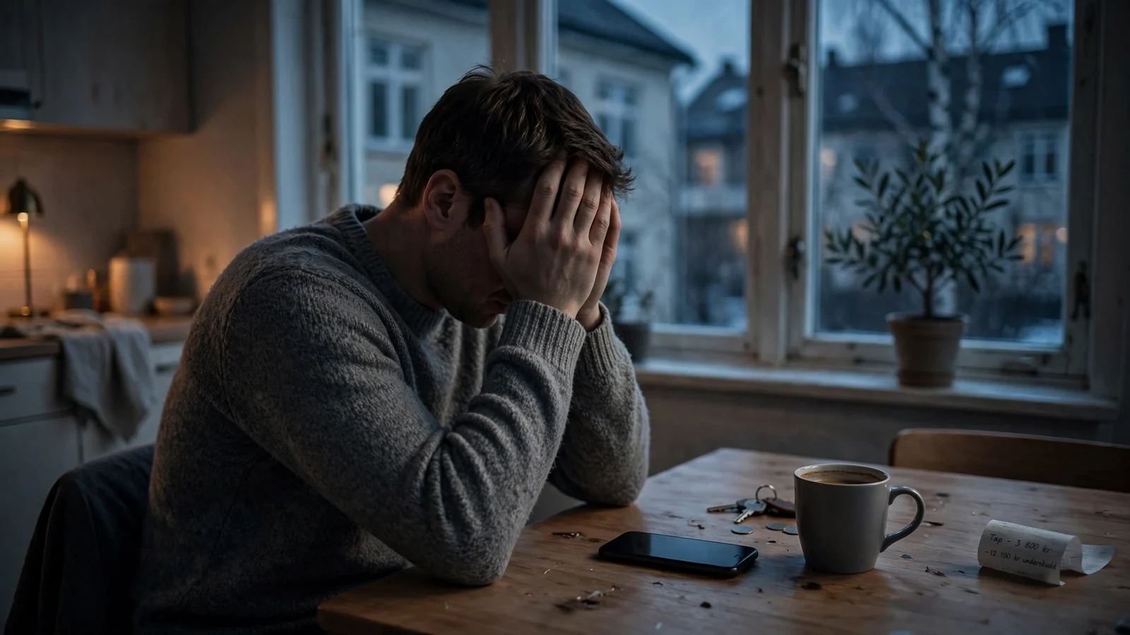 Ensom person ved kjøkkenbordet i dempet lys, med telefon vendt ned
