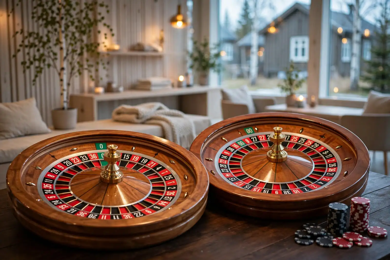 Europeisk og amerikansk roulettehjul sammenlignet på et elegant casino-bord