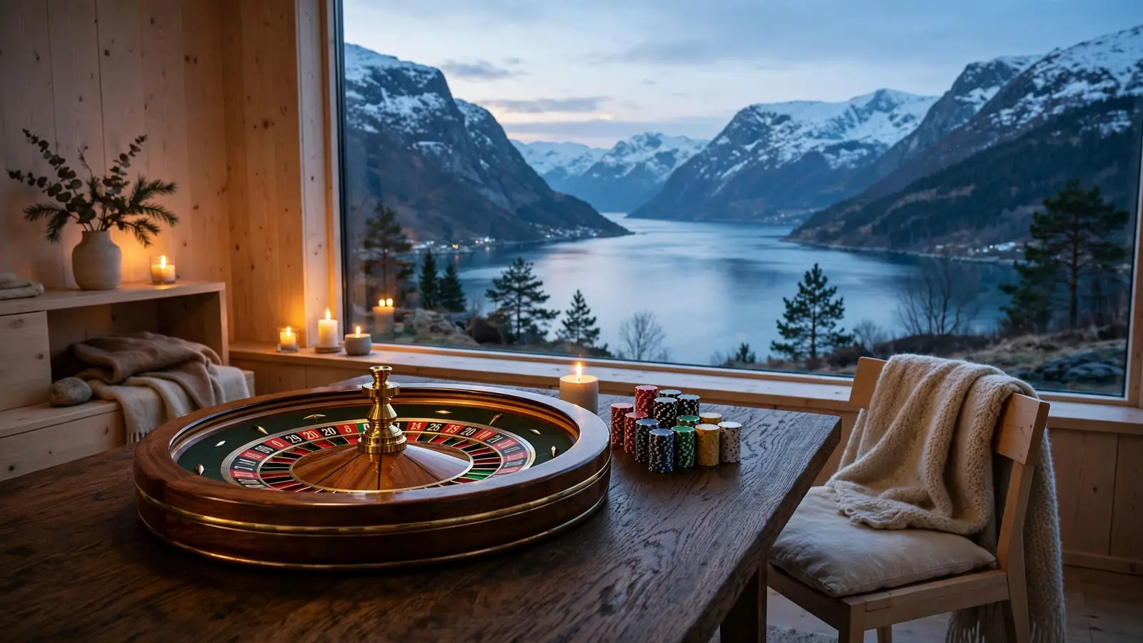 Roulettehjul og jetonger på et trebord med utsikt over en norsk fjord
