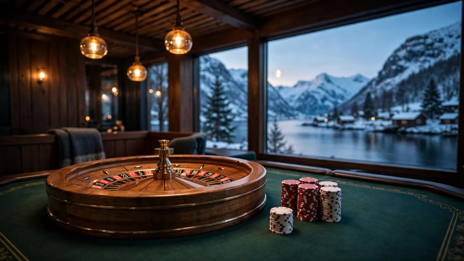 Roulettehjul på et elegant casinobord med norsk fjord i bakgrunnen