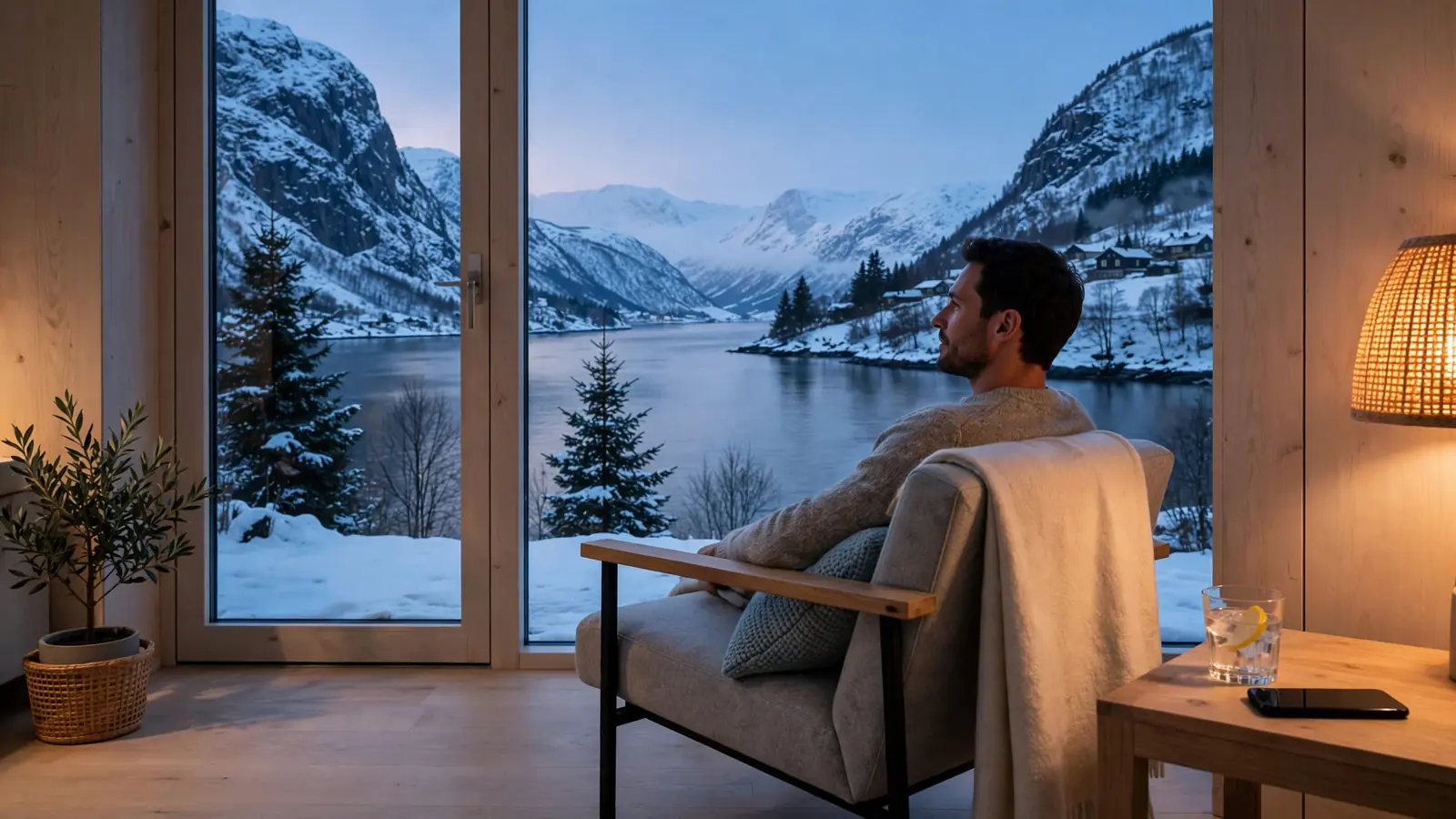 Moderne norsk stue med utsikt over fjord ved skumring