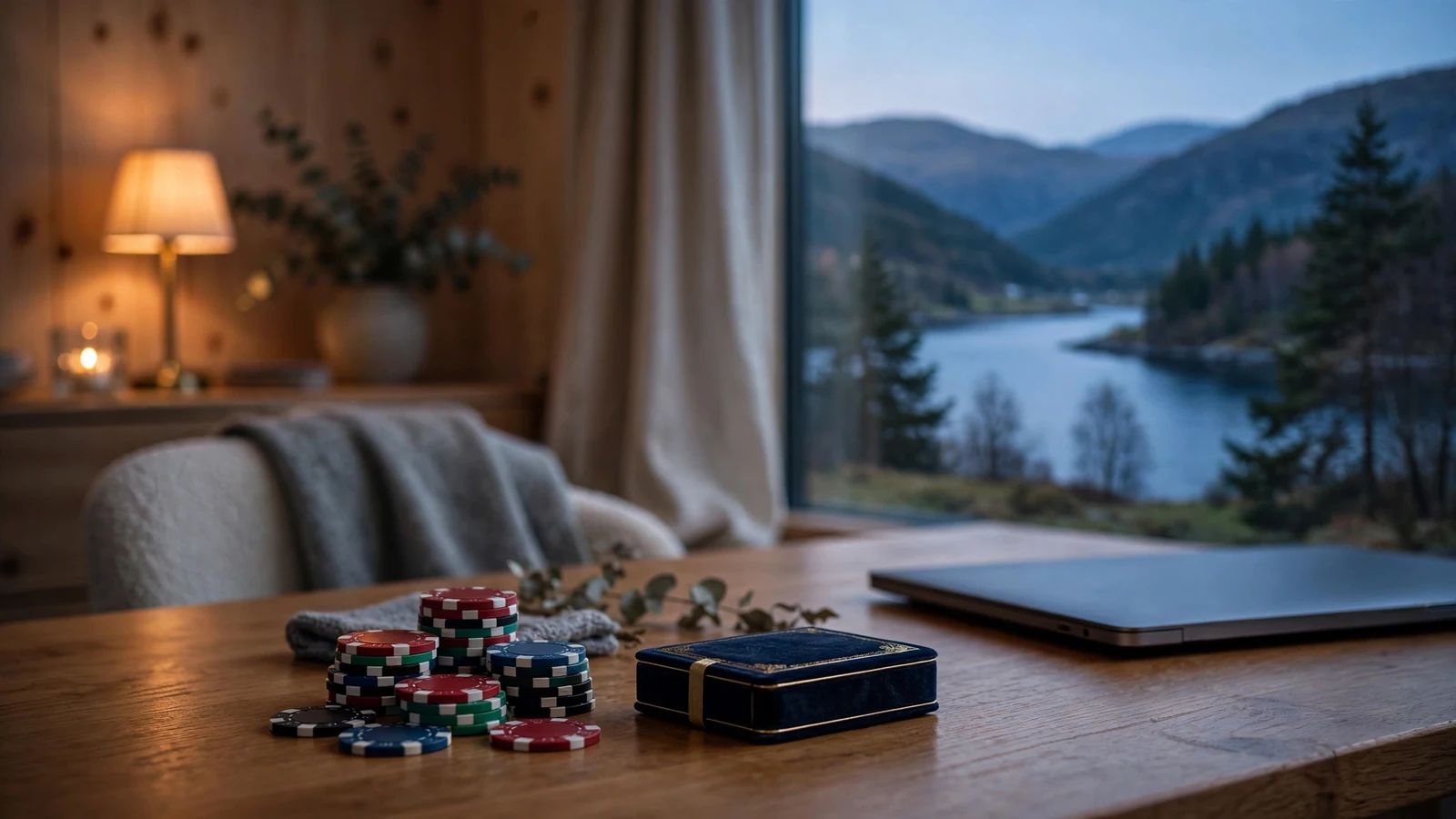Norsk stue i skumringen med casinobrikker og kortstokk på bordet