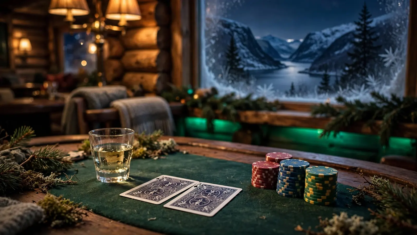 Blackjack-bord i koselig norsk hytte med kort og jetonger
