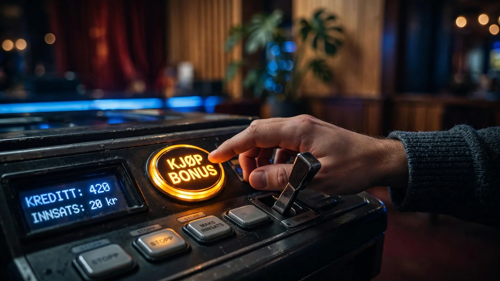 Hånd trykker på bonusknapp på spilleautomat i norsk casino