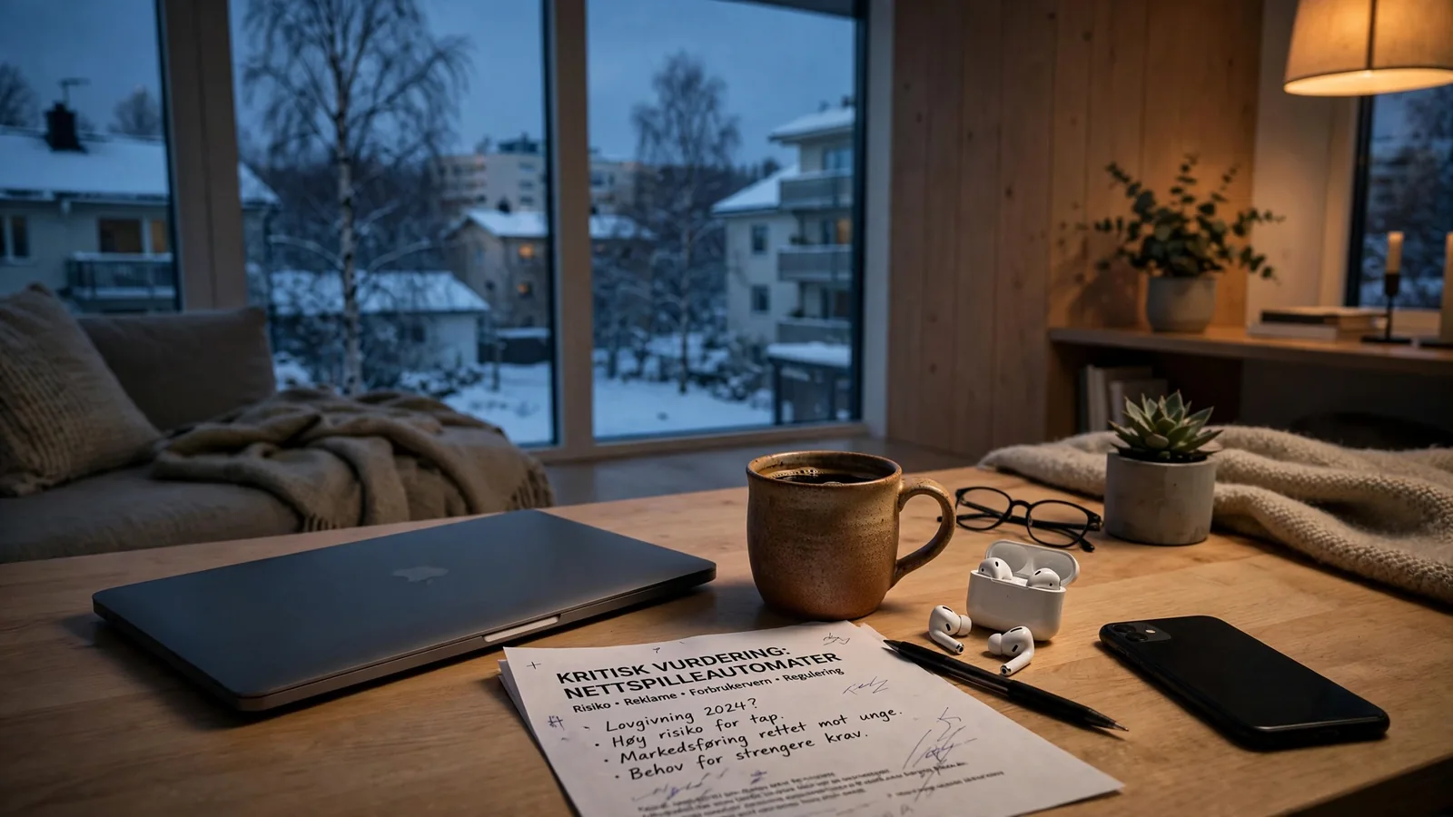 Lukket laptop og telefon med dempet belysning i en moderne norsk stue