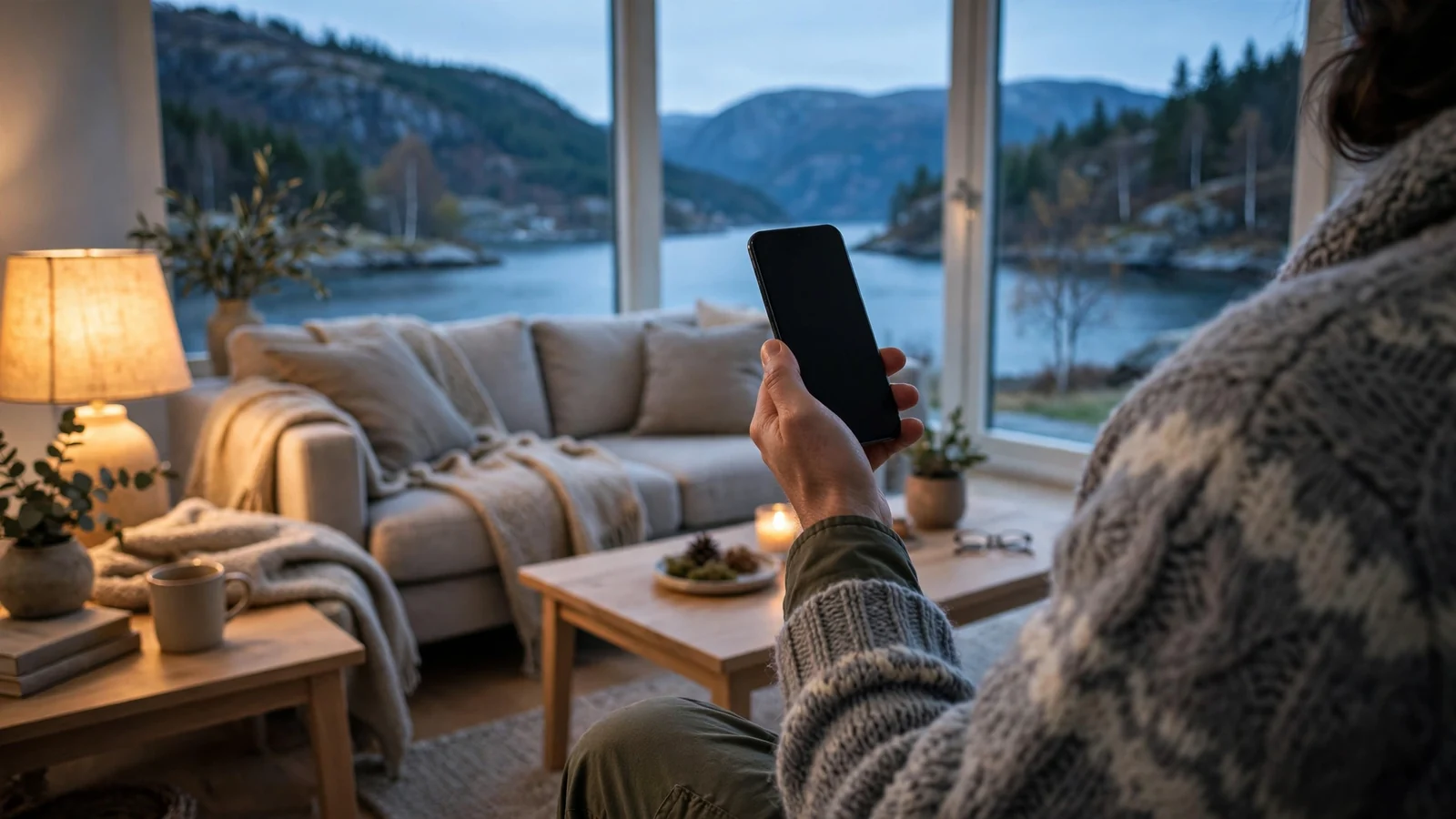 Person som holder en mobiltelefon i en moderne norsk stue med utsikt over fjord