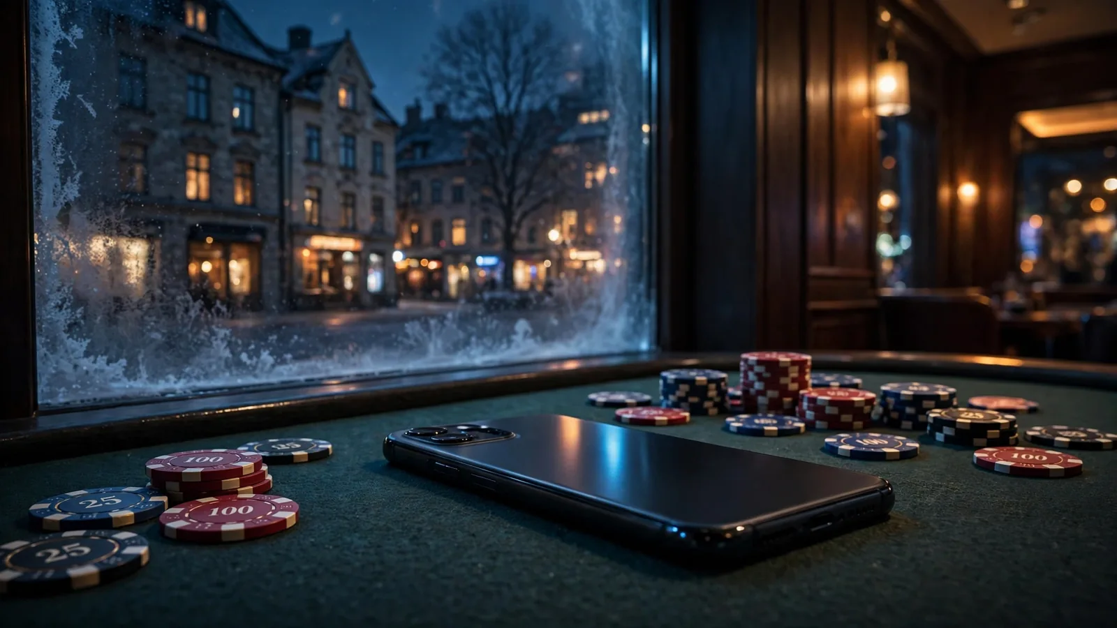 Smarttelefon på casinobord med jetonger i mørkt norsk vinterlys