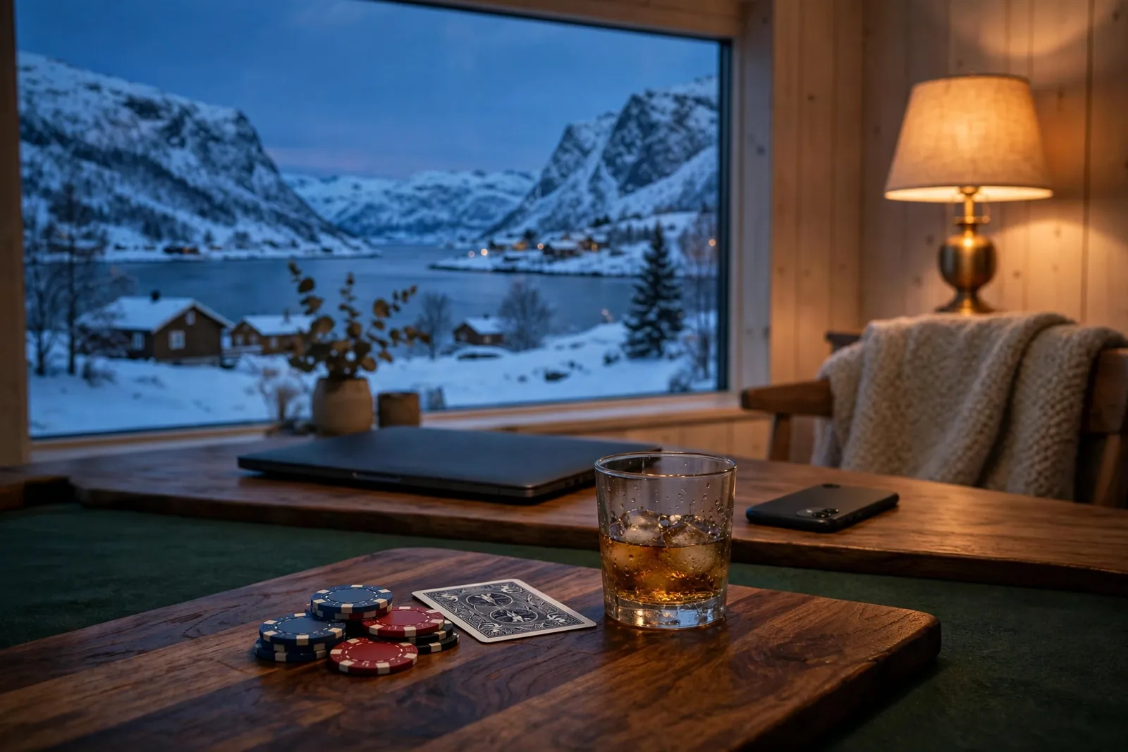 Casinochips og kort på et bord i en moderne norsk stue med utsikt over en fjord i skumringen.